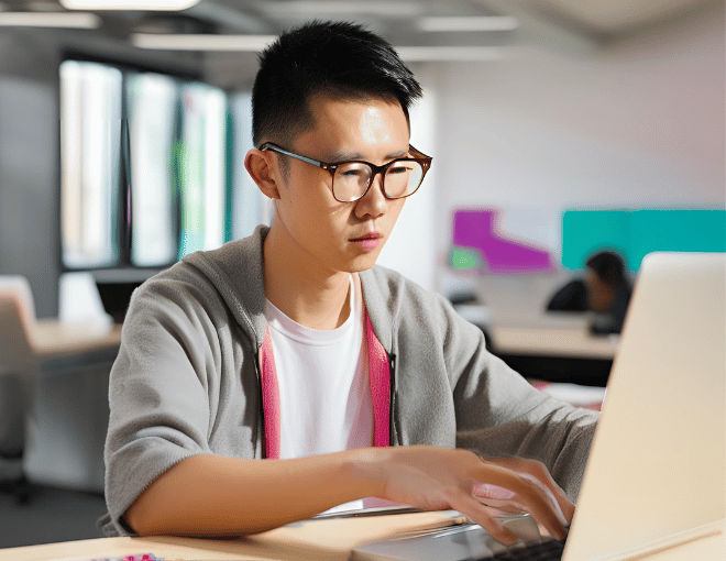 A young app developer, wearing glasses, intently types on his sleek silver laptop, colorful code filling the screen in a modern, well-lit office.