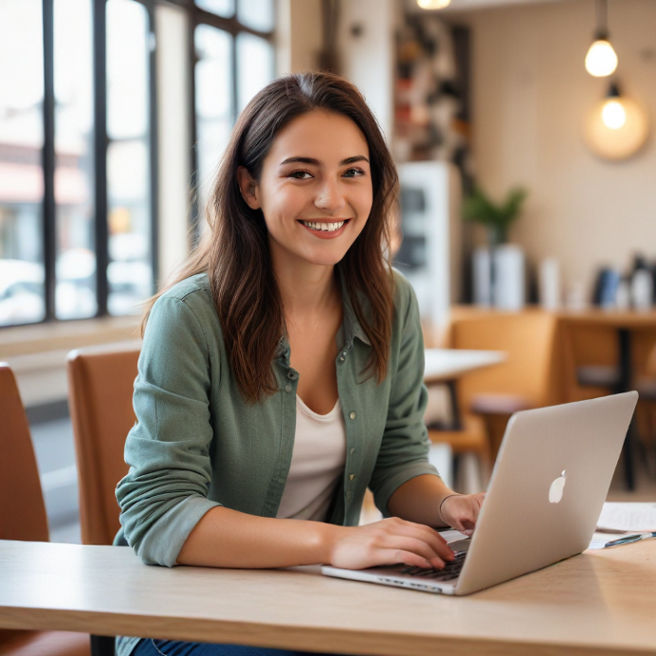 A female app developer sits in a bright cafe, smiling at her laptop while brainstorming ideas.