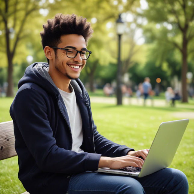 A young developer sitting at a park, using a laptop, smiling confidently while coding.