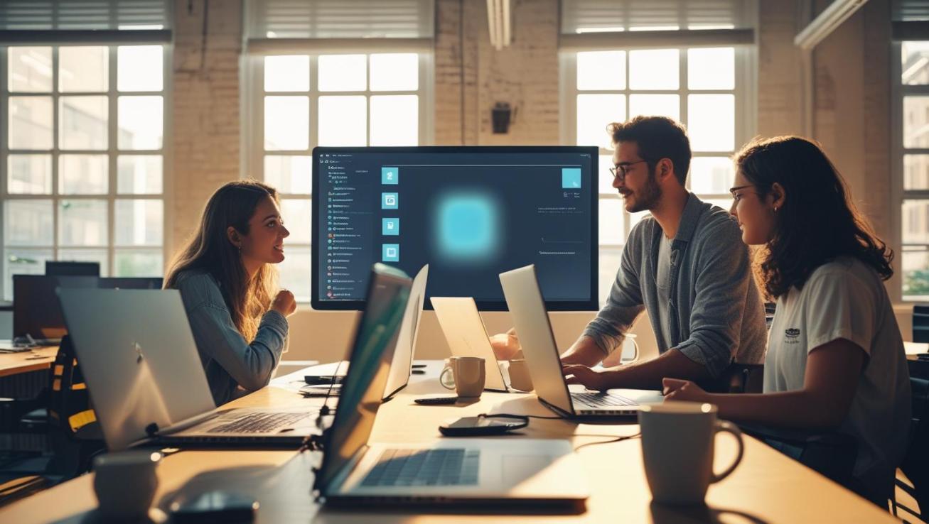 Developers collaborate in sunlit workspace with laptops running Windows 11 Pro.