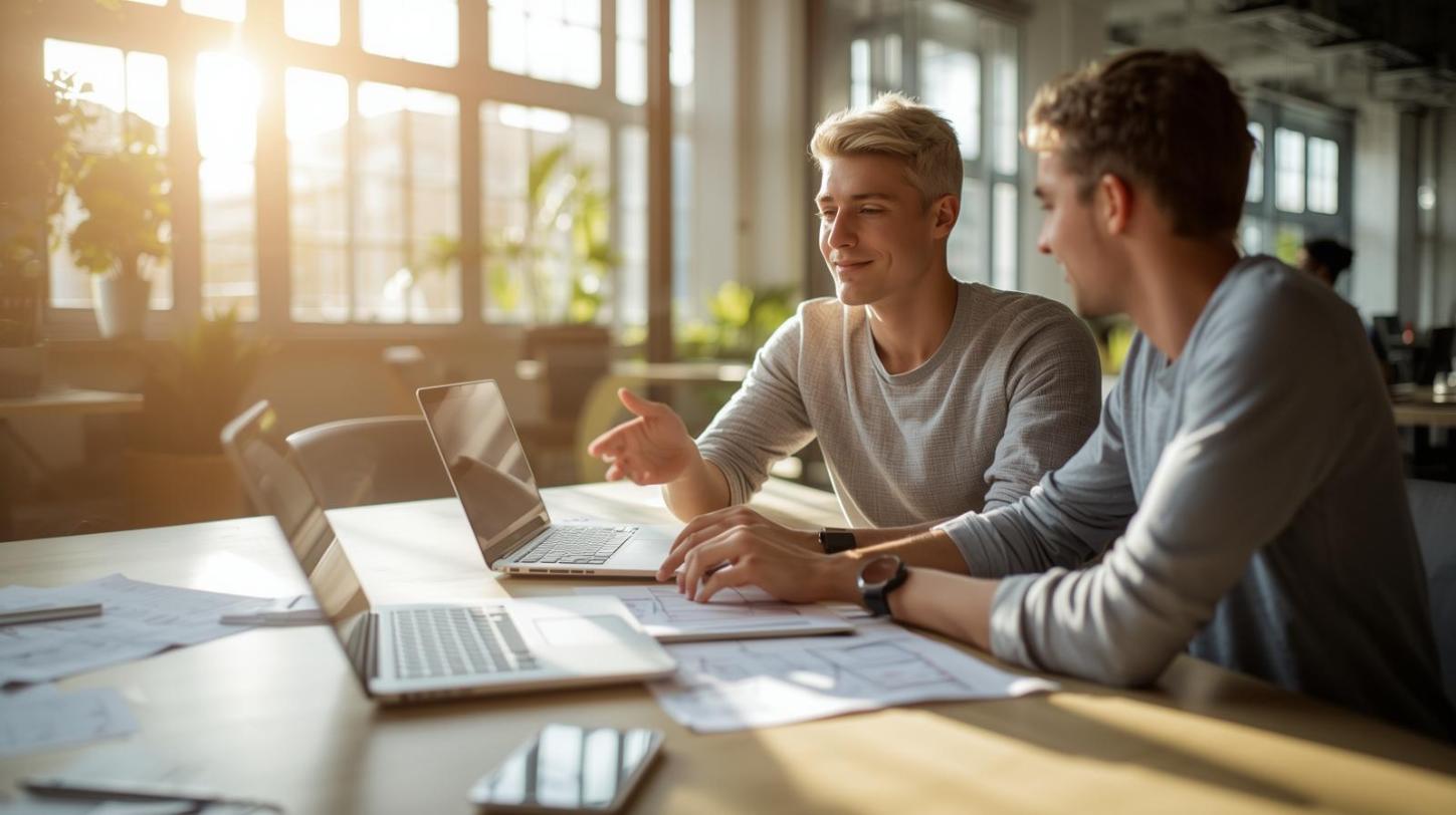 Two developers collaborate in bright workspace with blurred laptops and shallow focus.