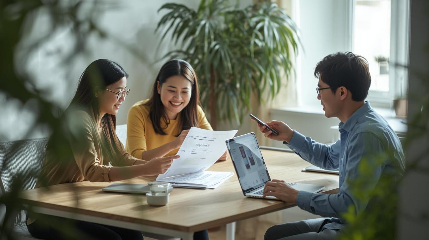 Three colleagues collaborate on app design with blurred screens in a bright workspace.
