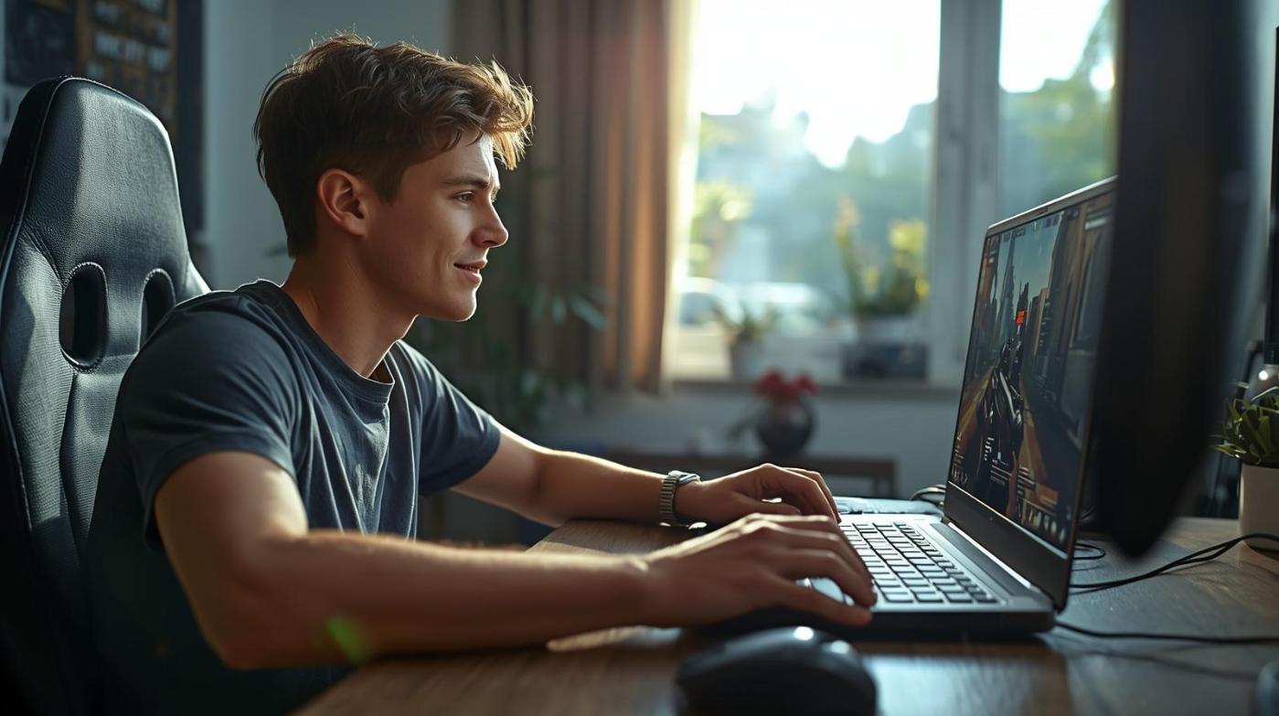 Focused gamer analyzing match performance on laptop in bright modern gaming workspace.