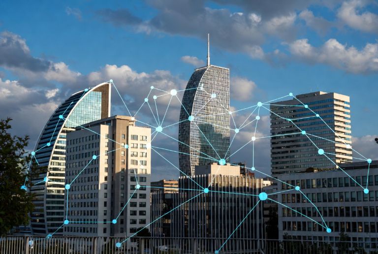 modern city in Spain with digital network overlays